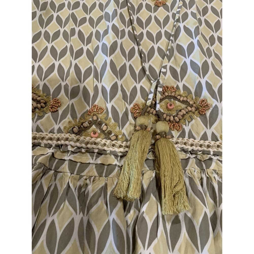 Skemo Boho Embroidered Beaded Peasant Tunic Dress Gray/Yellow M - Picture 7 of 11